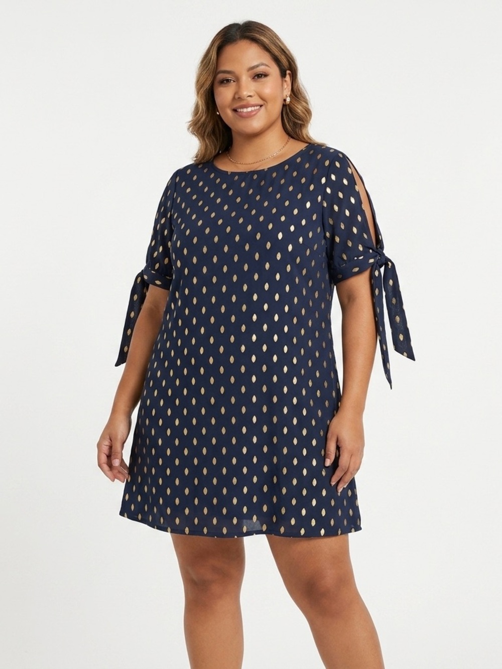 Navy Dress with Metallic Gold Dot Print